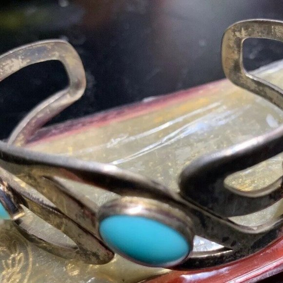 Old Signed “ONO” MEXICO STERLING SILVER Blue Gems 24 Grams Navajo StYle Bracelet - Picture 2 of 3